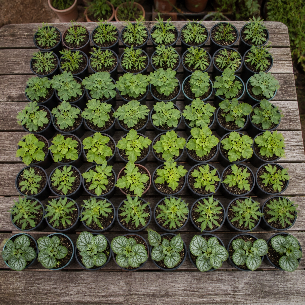 60 kwekerspotten met vijf cottageplanten, klaar om te planten
