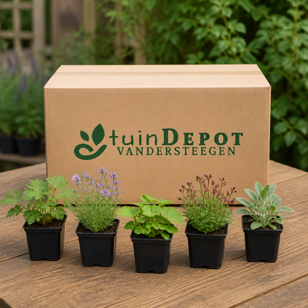 TuinDepot-verpakking met de 5 planten van de Cottagetuin Droom