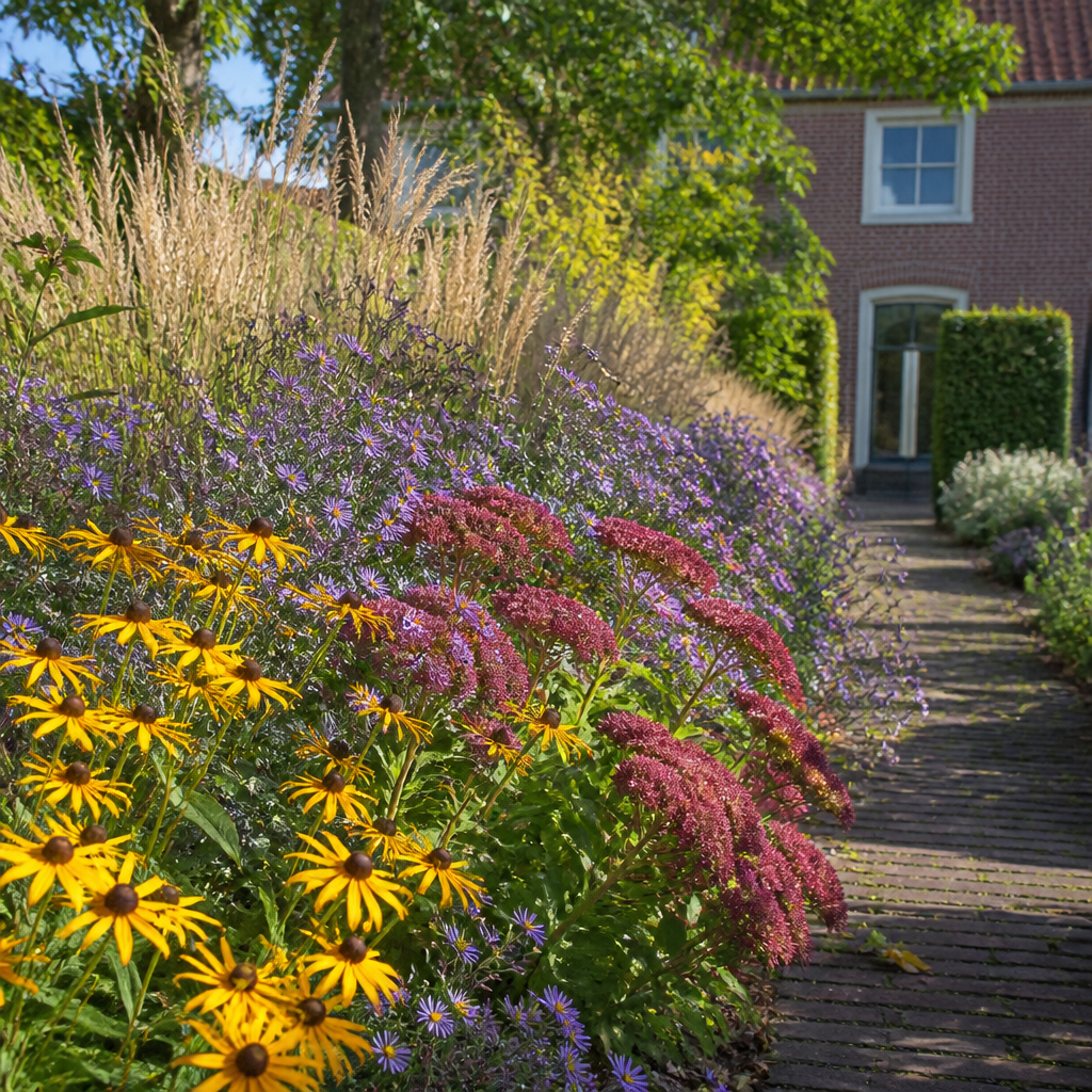 Tuinpad omzoomd met een kleurrijke herfstborder
