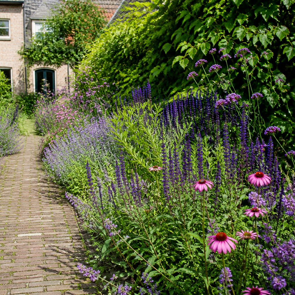 Tuinpad omzoomd met een bijenvriendelijke border