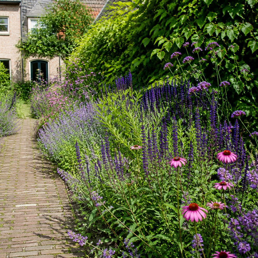 Tuinpad omzoomd met een bijenvriendelijke border