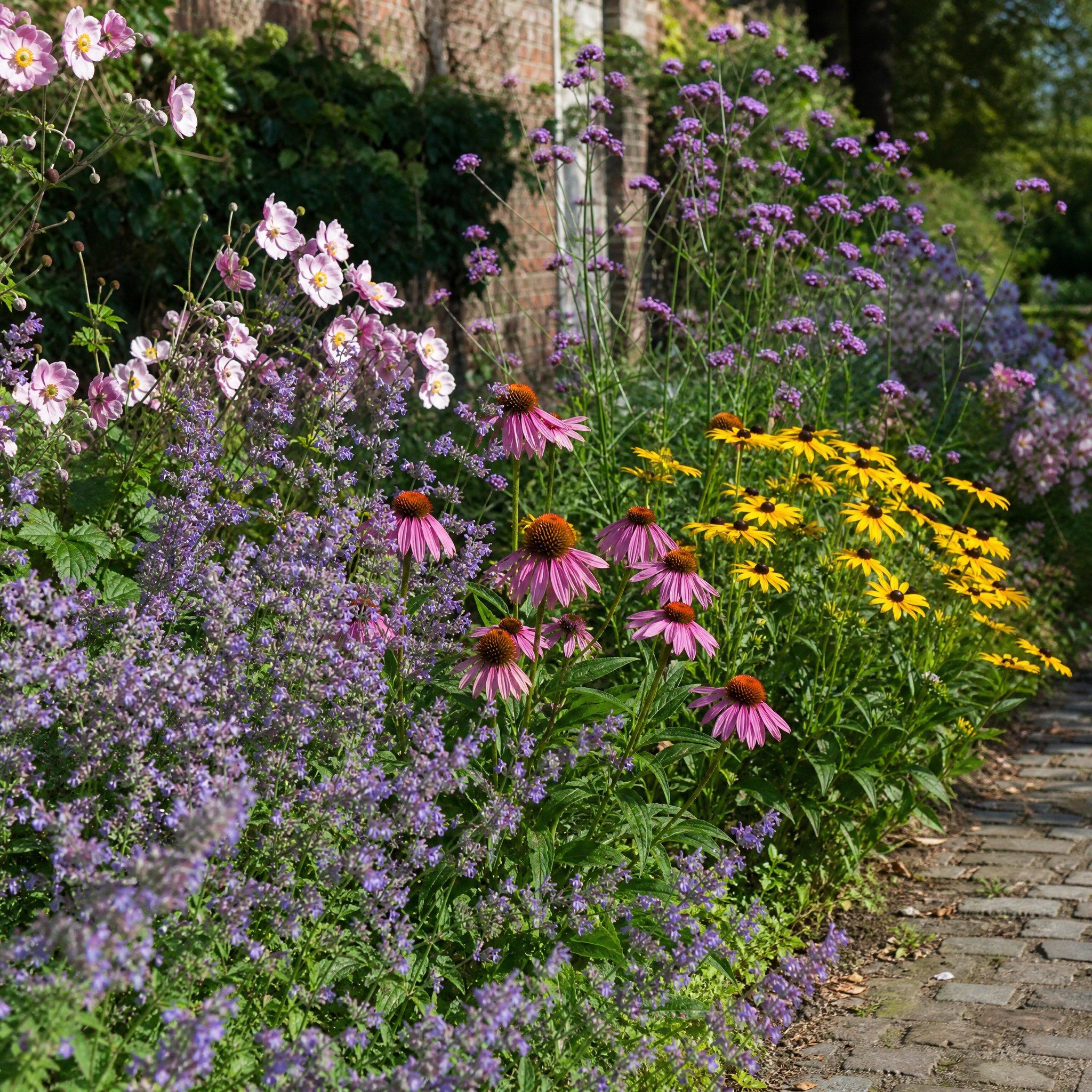 Zonnige border met kattenkruid, zonnehoed, gele zonnehoed, ijzerhard en herfstanemoon