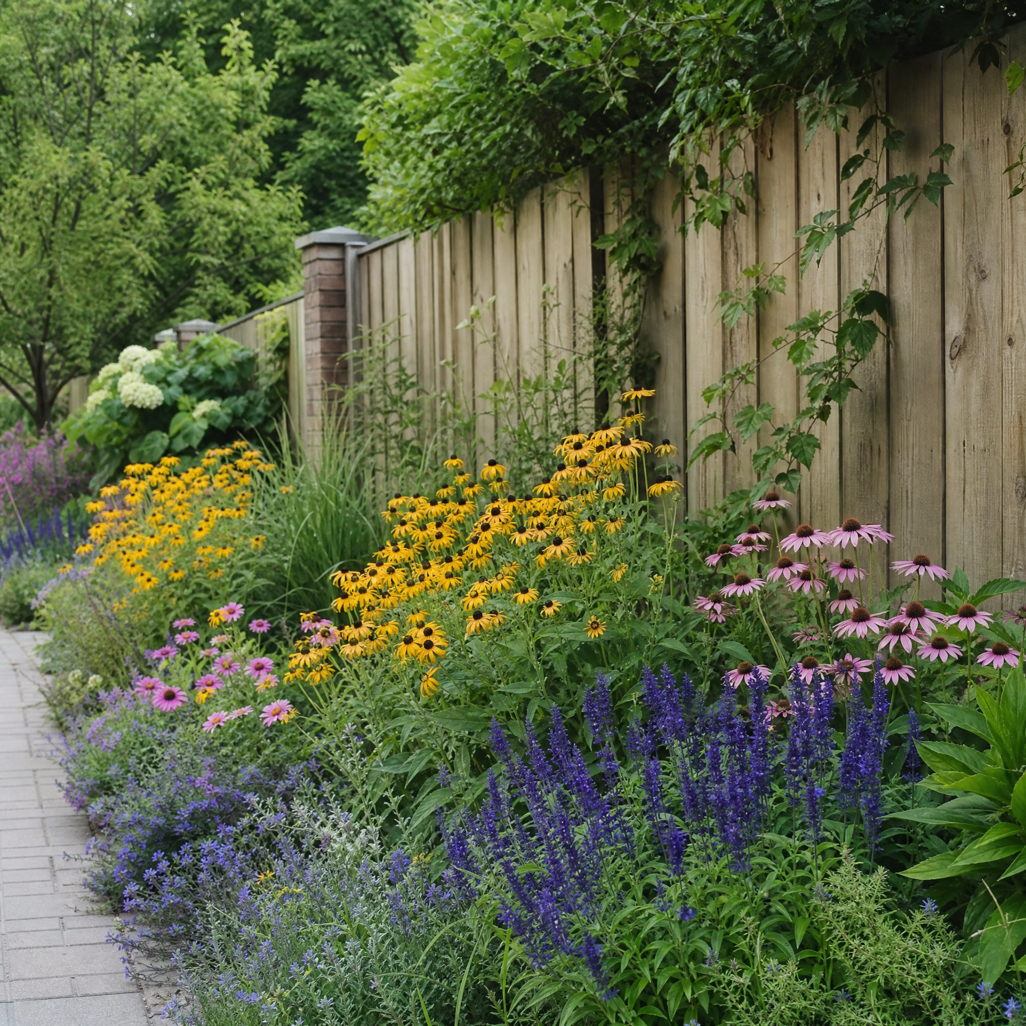 Tuinschutting omzoomd door een gouden zonnige border