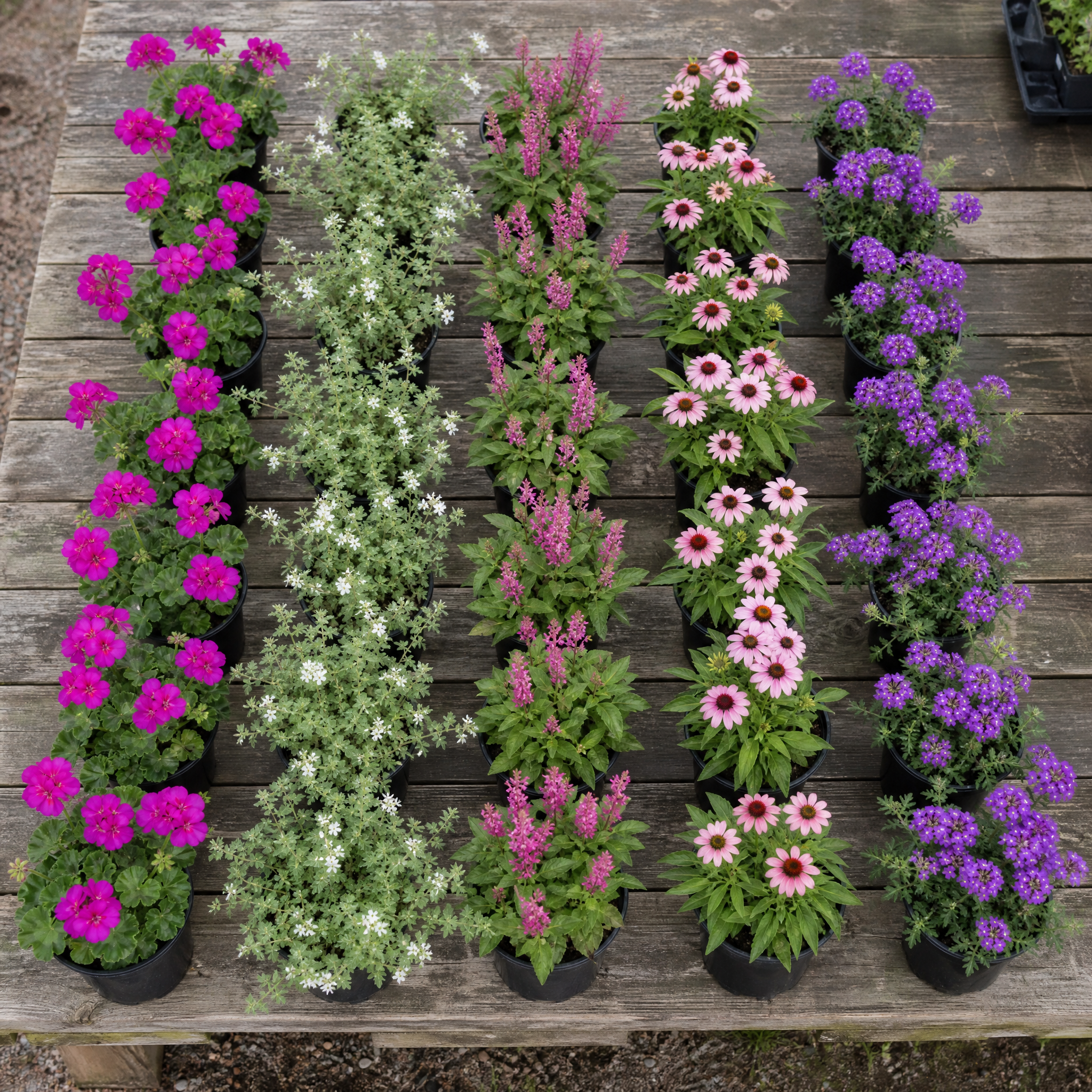 60 kwekerspotten met vijf soorten jonge planten, klaar om te planten