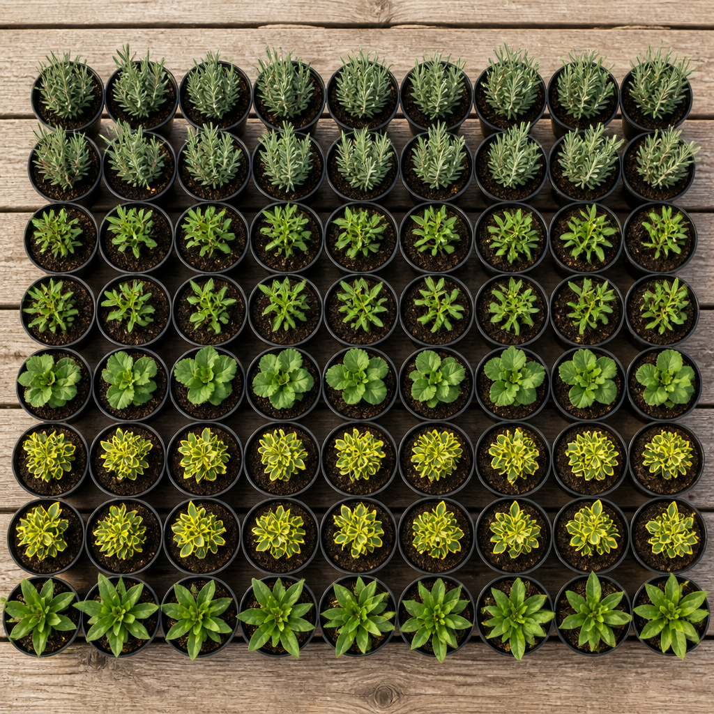 60 kwekerspotten met vijf soorten jonge planten, klaar om te planten