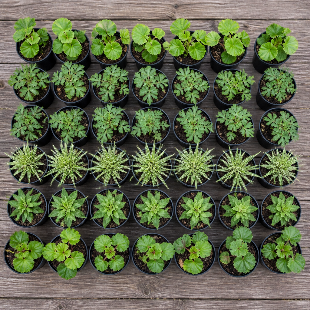 60 kwekerspotten met vijf soorten jonge planten, klaar om te planten