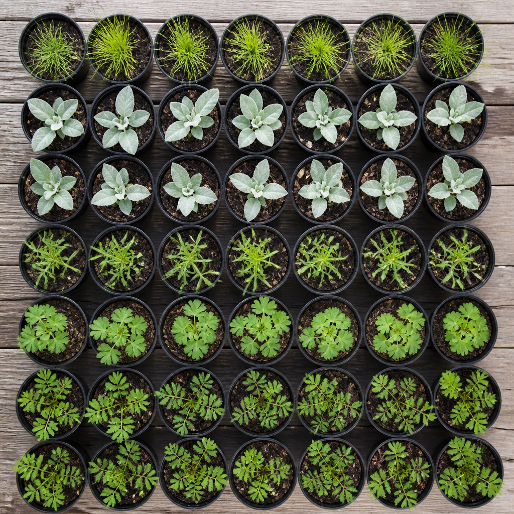 60 kwekerspotten met vijf soorten jonge planten, klaar om te planten