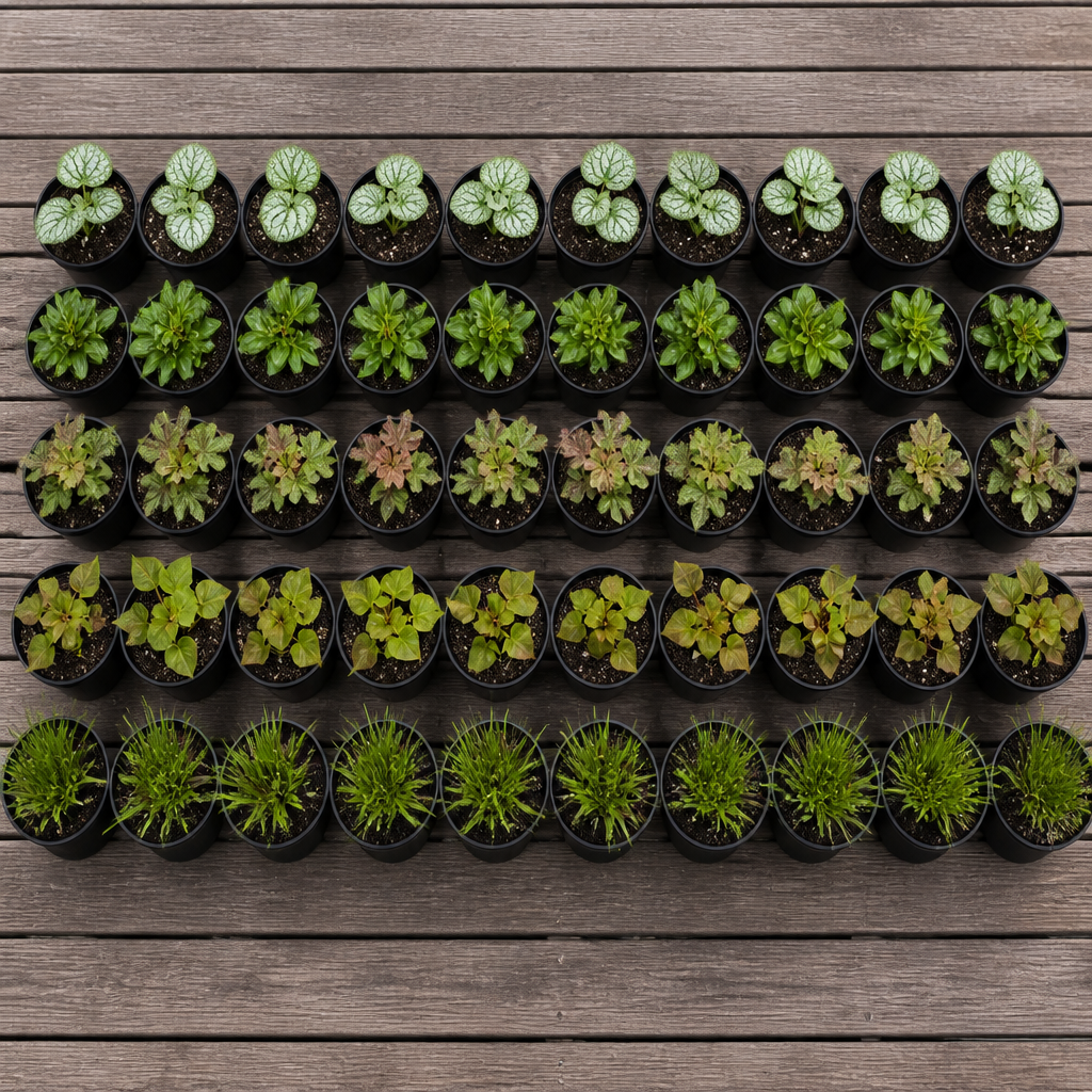 60 kwekerspotten met vijf soorten jonge planten, klaar om te planten