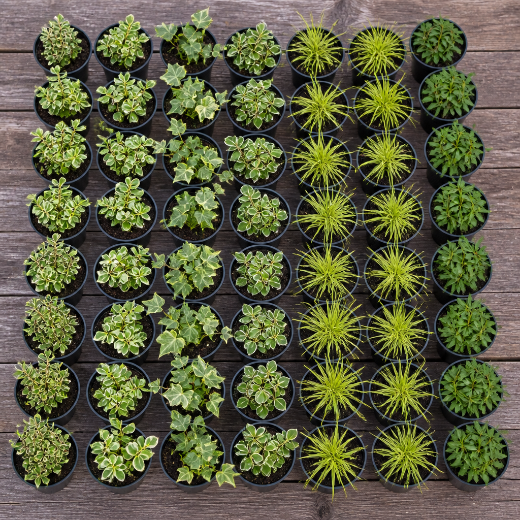 60 kwekerspotten met vijf soorten jonge planten, klaar om te planten