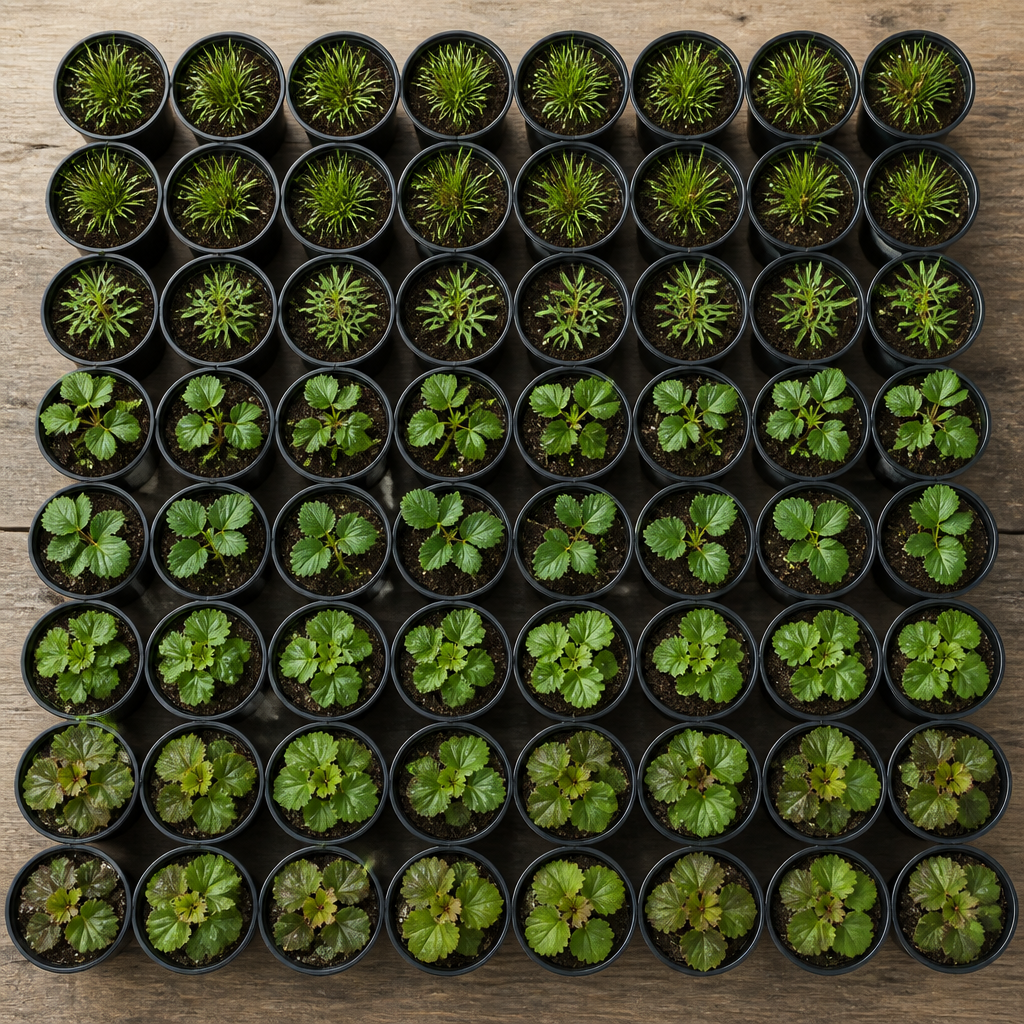 60 kwekerspotten met vijf soorten jonge planten, klaar om te planten