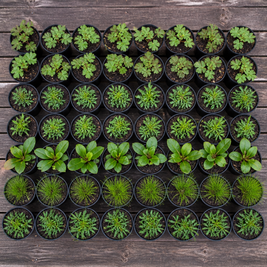 60 kwekerspotten met vijf soorten jonge planten, klaar om te planten