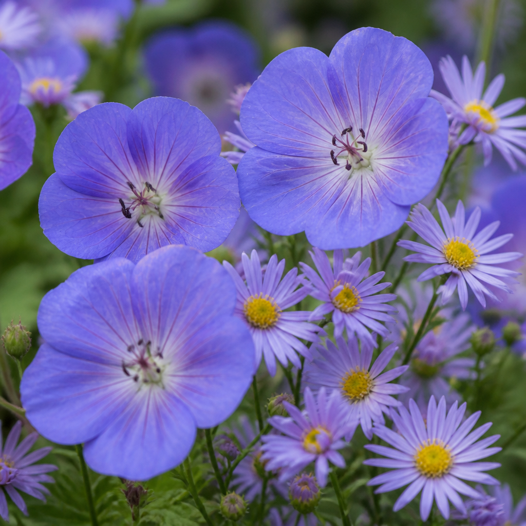 Close-up van blauwe ooievaarsbek met zomerasters