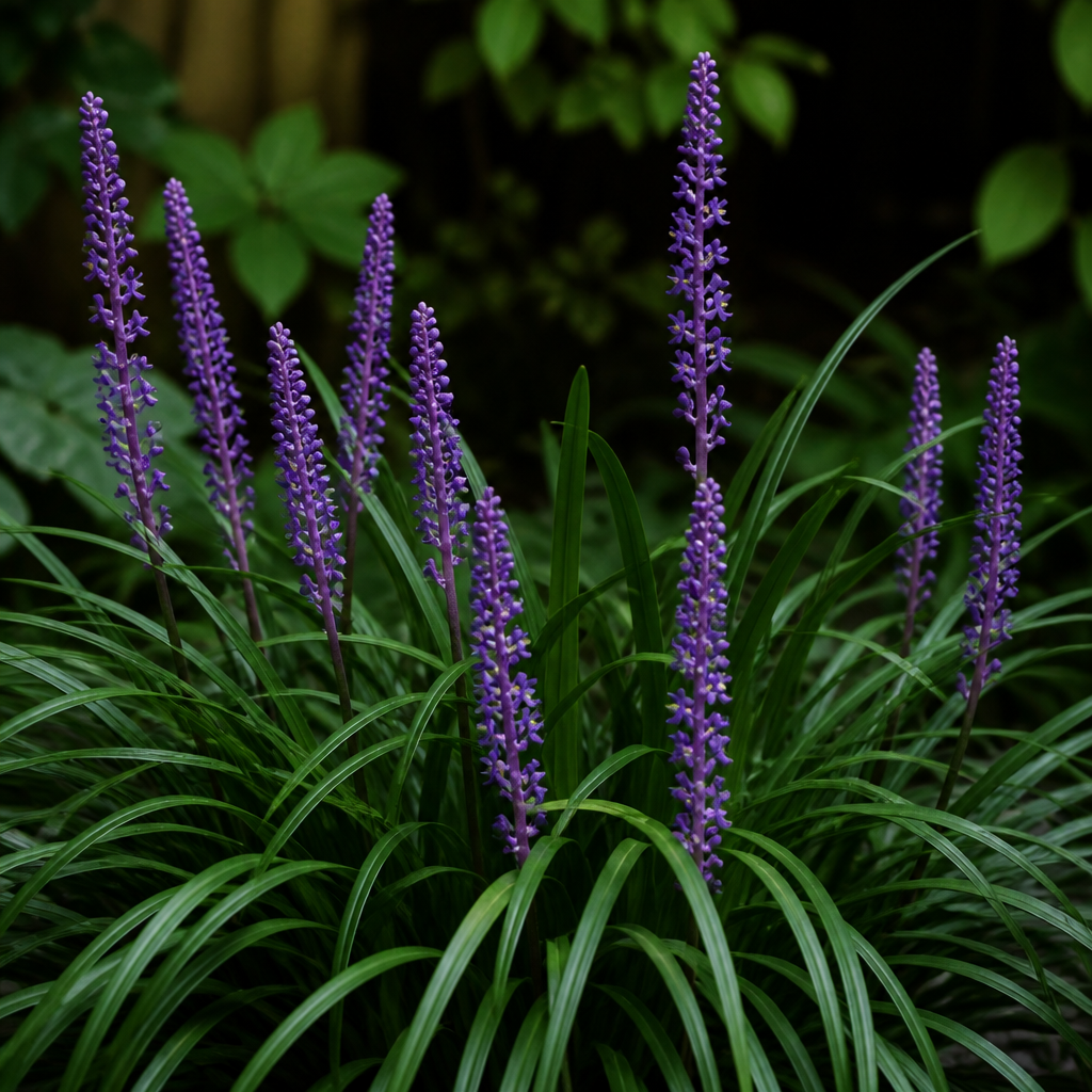 Leliegras Big Blue met violette bloemaren in close-up