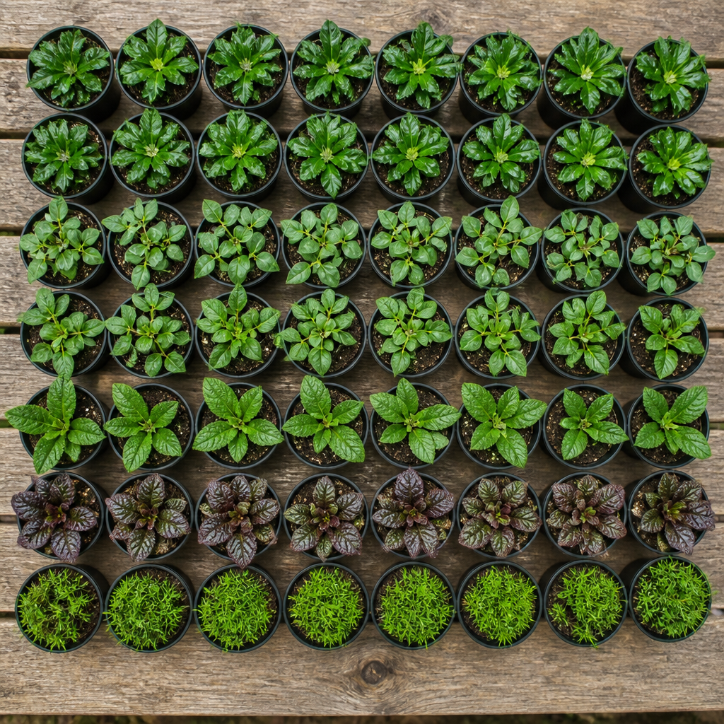 60 kwekerspotten met vijf soorten jonge planten, klaar om te planten