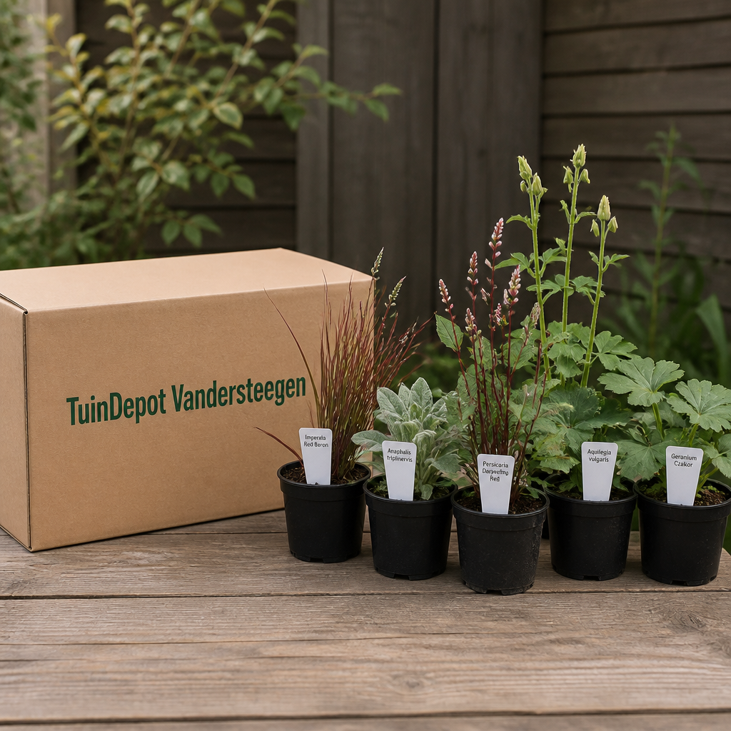 TuinDepot-verpakking met de 5 planten van de Moessorgski-border