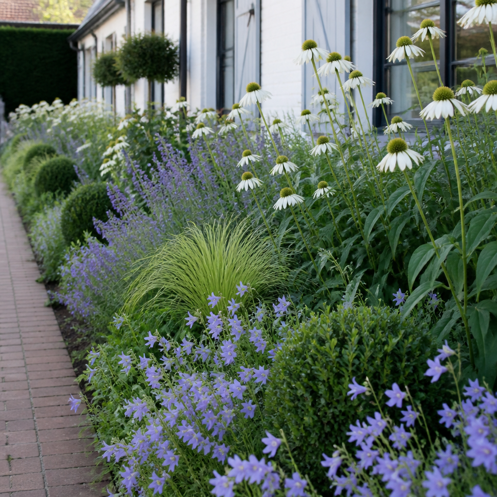Wit-blauwe structuurborder langs een terras