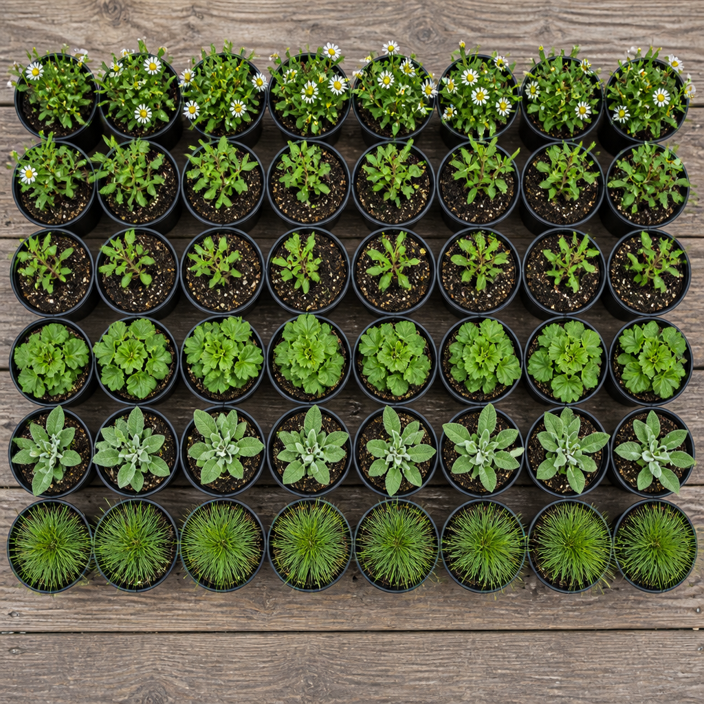 60 kwekerspotten met vijf soorten jonge planten, klaar om te planten