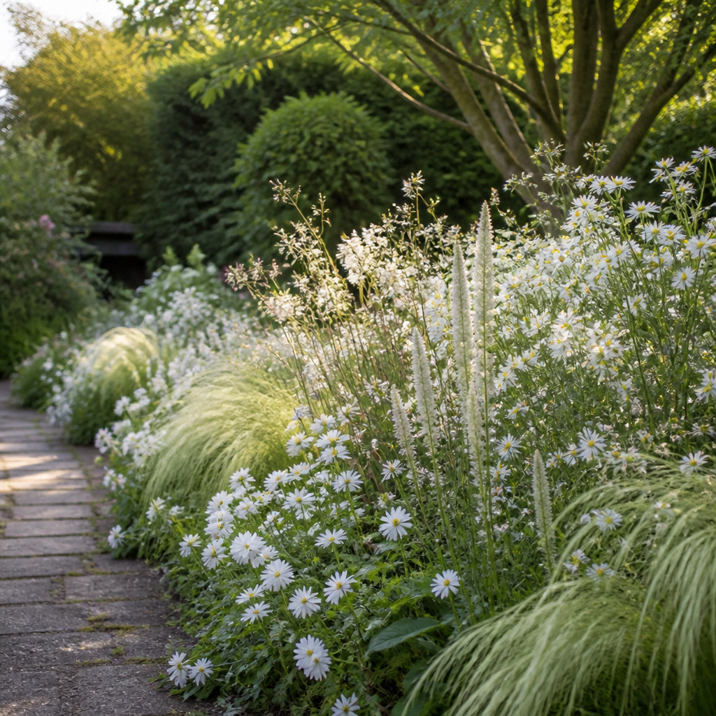 Dromerige witte border langs een tuinpad