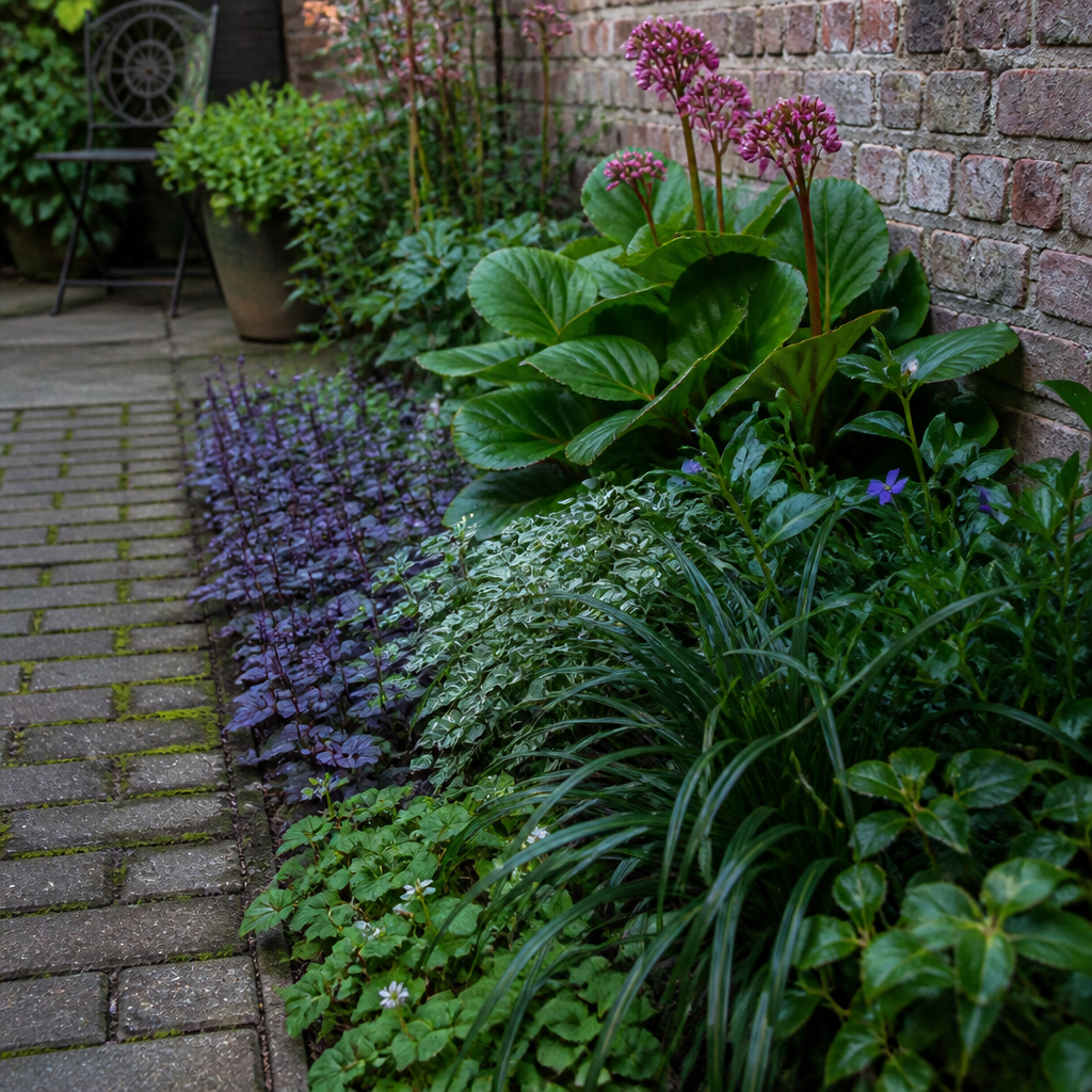 Compacte border in een schaduwrijk stadstuintje
