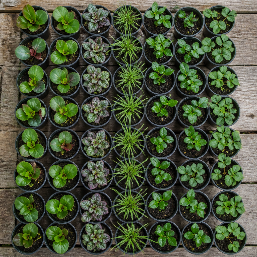 60 kwekerspotten met vijf soorten jonge planten, klaar om te planten