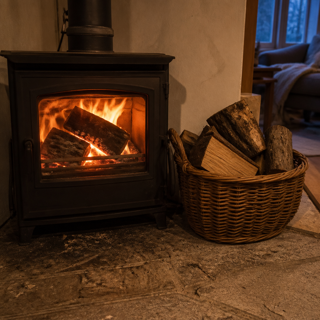 Brandend eikenhout in houtkachel