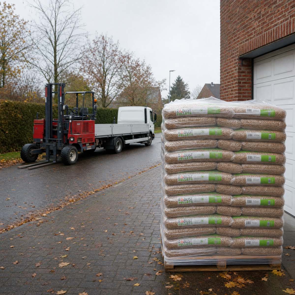 Pallet Robust Pellets geleverd op de oprit met meeneemheftruck