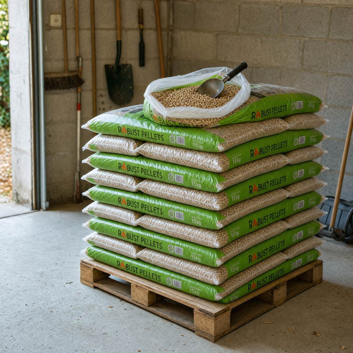 Robust Pellets droog opgeslagen op pallet in de garage