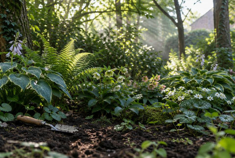 Tuinborder in halfschaduw onder bomen, met varens en hostas