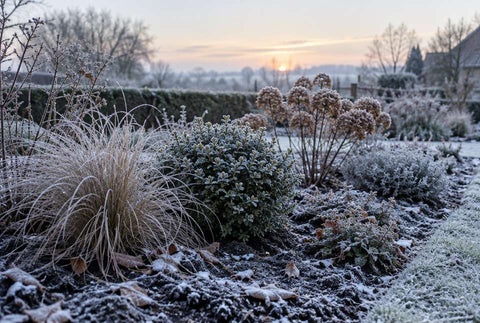 Berijpte border bij zonsopgang, de bollen rusten onder de grond