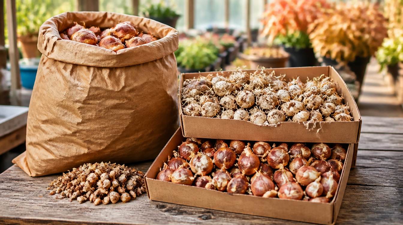 Bloembollen in grootverpakking: zak en kratten vol tulpen- en narcisbollen op een werkbank