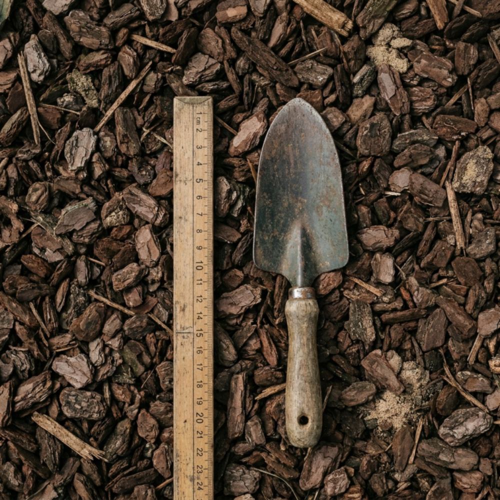Boomschors met maatlat en tuinschep om de hoeveelheid te berekenen