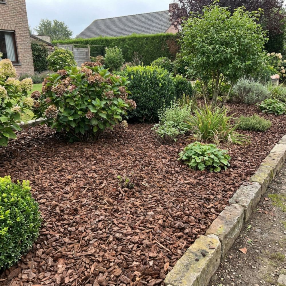 Dikke laag bruine boomschors rond planten in een border tegen onkruid