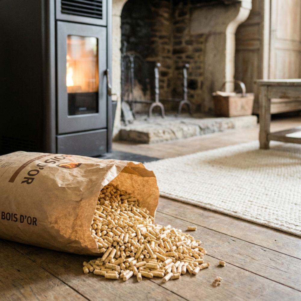 Lichtgouden houtpellets uit een zak naast een pelletkachel