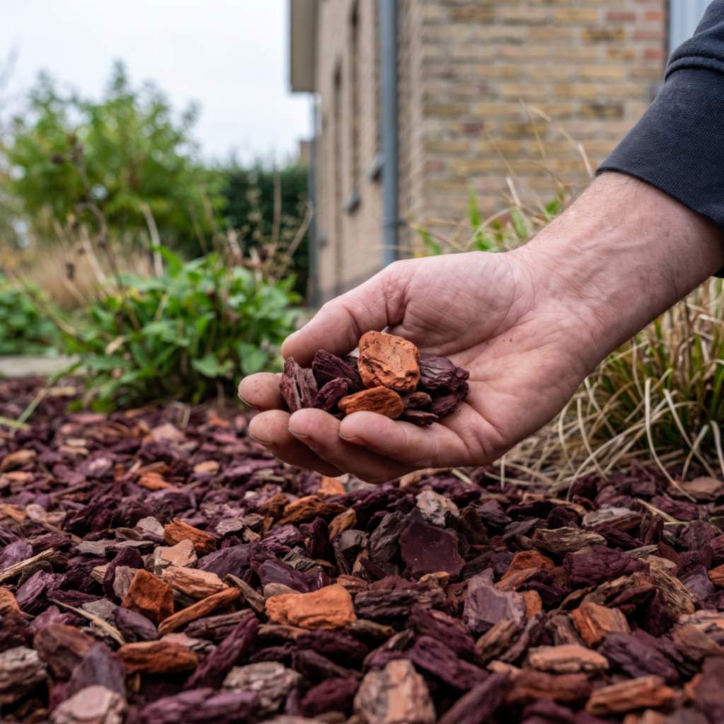 Hand met terracotta Franse boomschors boven een border afgedekt met boomschors
