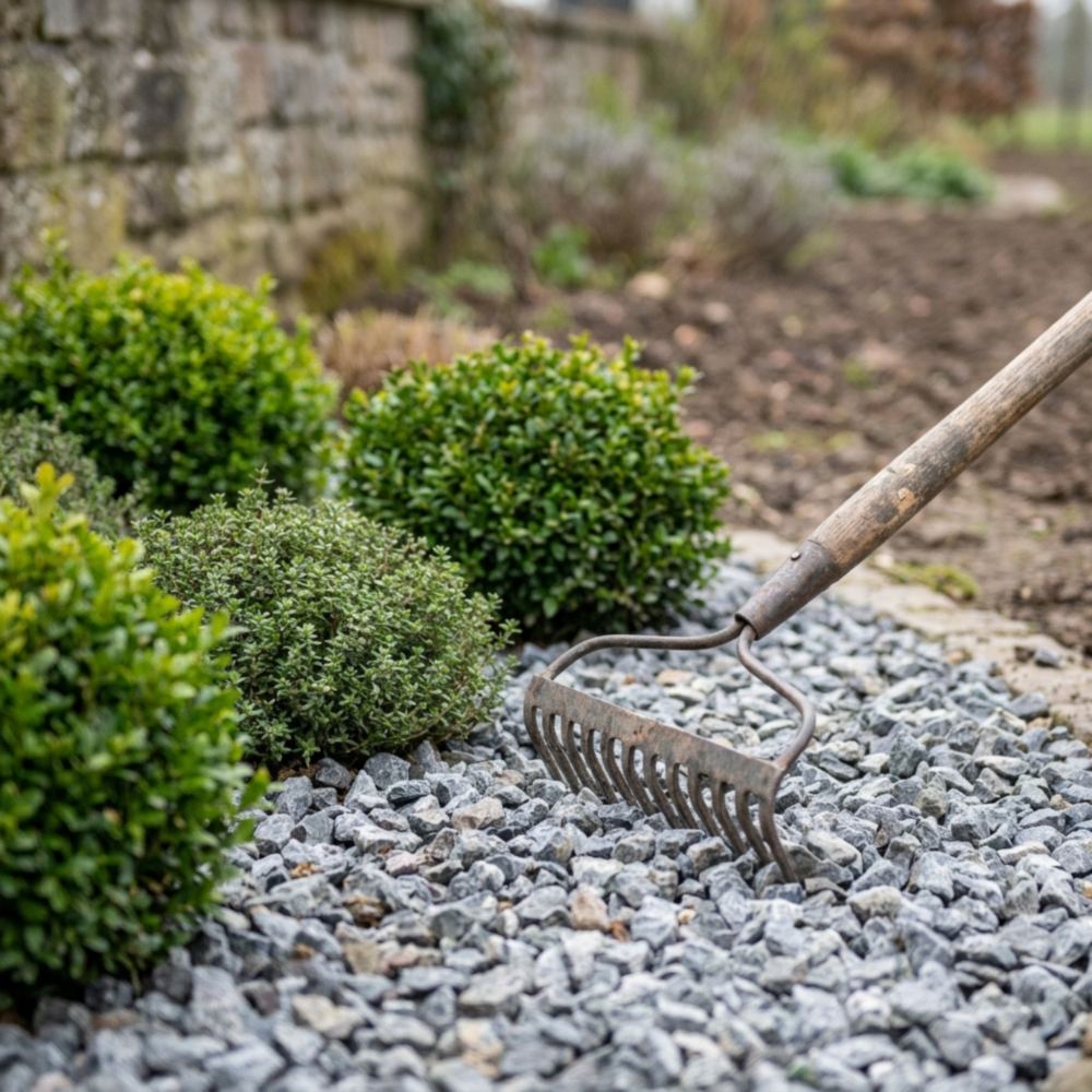 Grijze sierkiezel in een tuinborder, geëffend met een hark