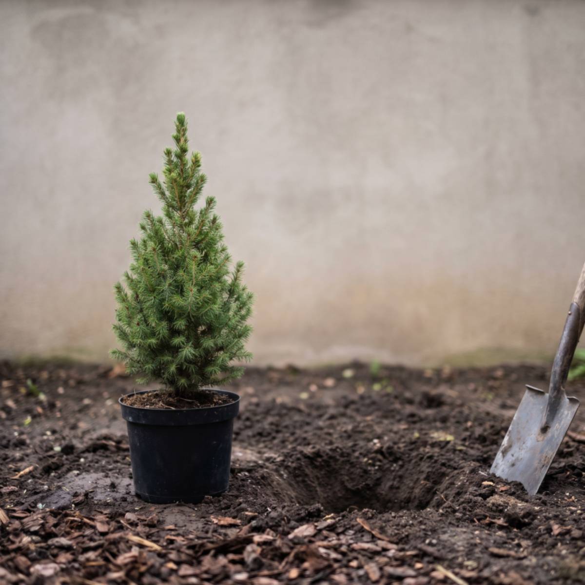 Kleine kegelspar in kweekpot naast een vers gegraven plantgat in de tuin, met een spade ernaast
