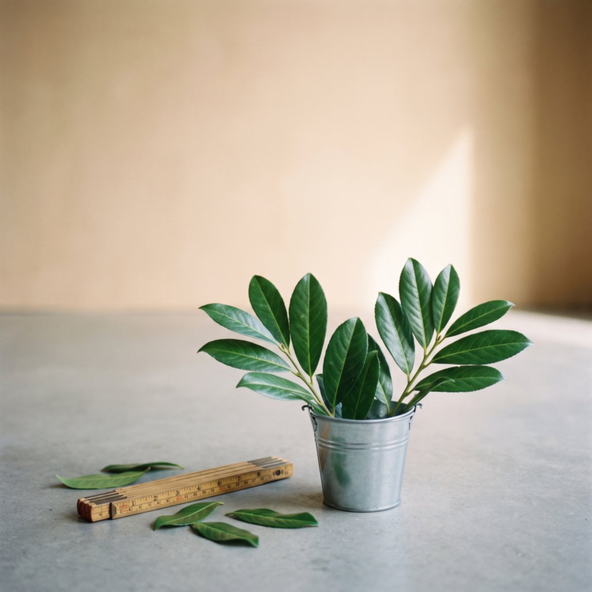 Takjes laurierkers met groot glanzend groen blad in een zinken emmertje op een betonnen vloer, met een duimstok ernaast