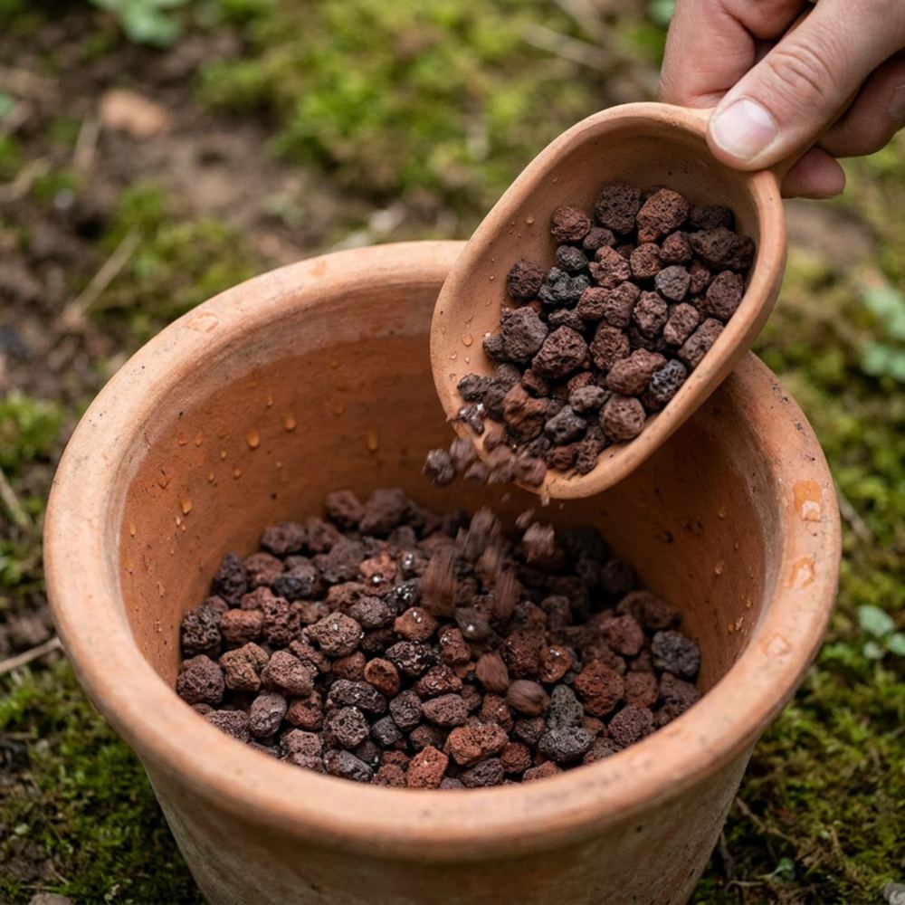 Poreuze lavasteen als drainagelaag onderin een terracotta plantenbak