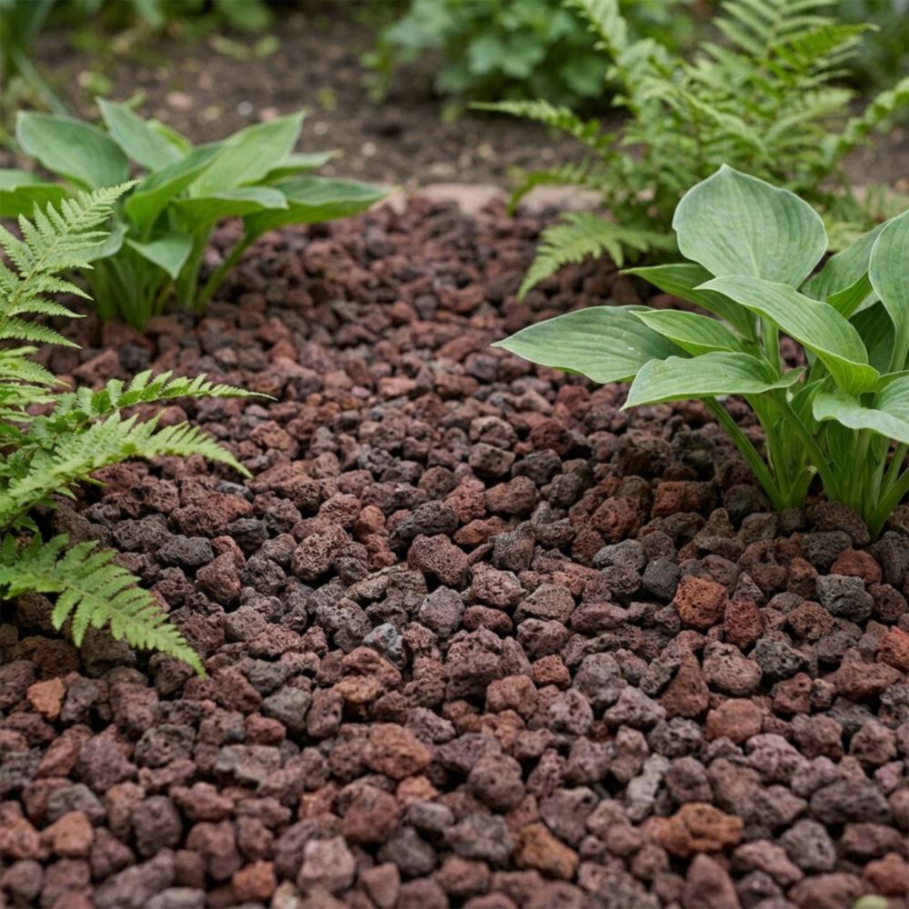 Roodbruine lavasteentjes als bodembedekker rond planten in een tuinborder