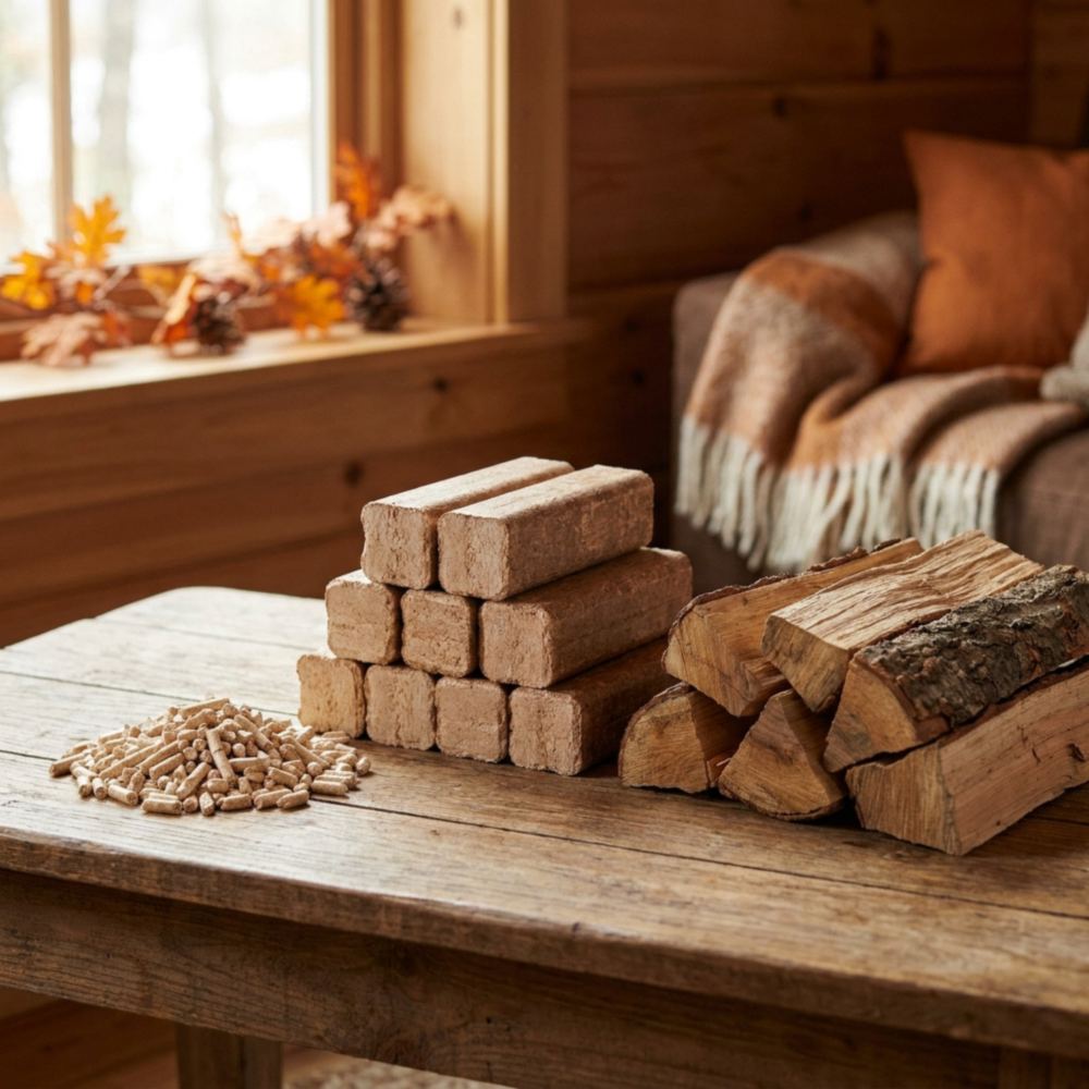 Houtpellets, houtbriketten en droog brandhout naast elkaar op een houten tafel