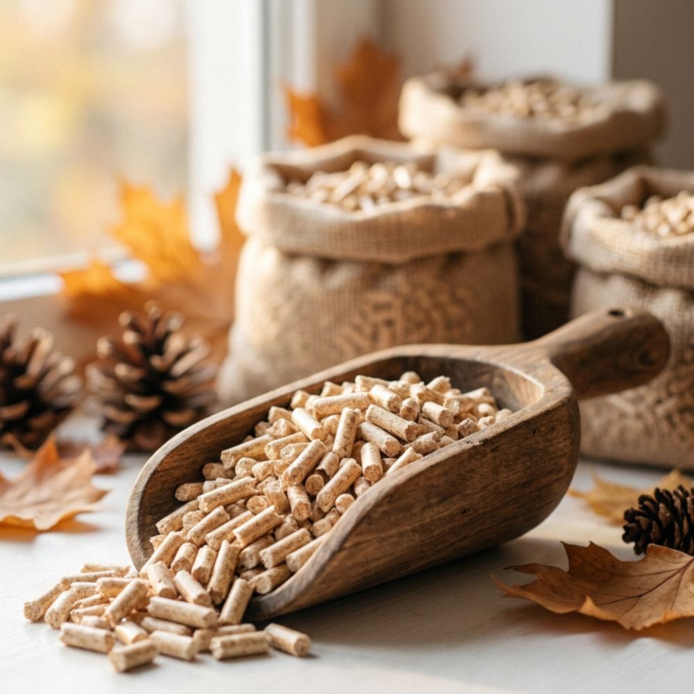 Houtpellets in een houten schep