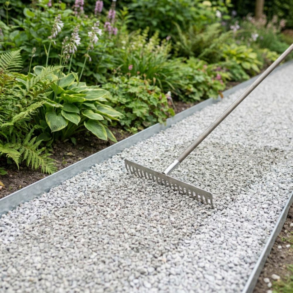 Sierkiezel egaliseren met een hark op een tuinpad met metalen kantopsluiting