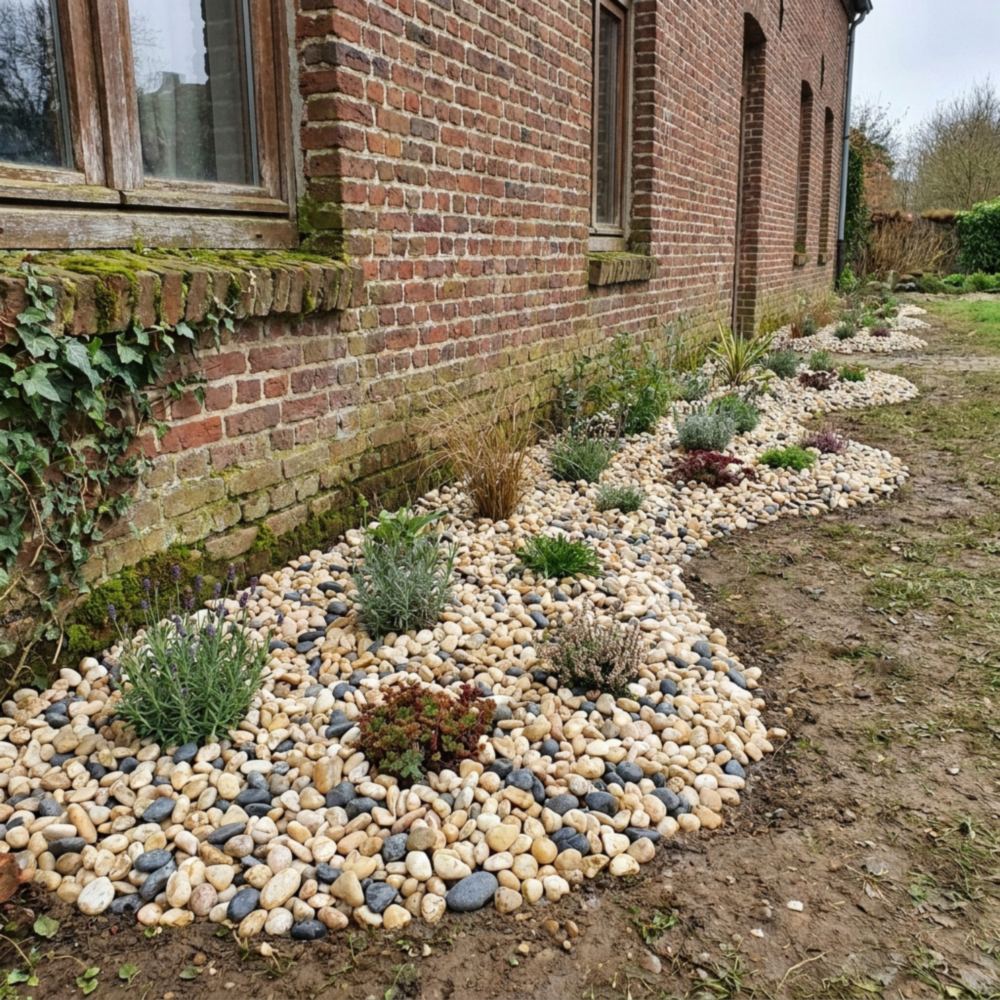 Sierkiezel in verschillende kleuren in een tuinborder langs een baksteengevel