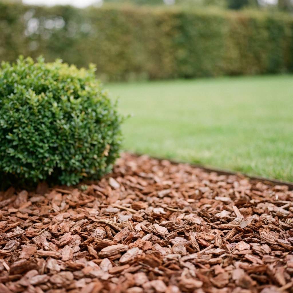 Sylvester boomschors in een tuinborder rond een buxusbol, met gazon en haag op de achtergrond