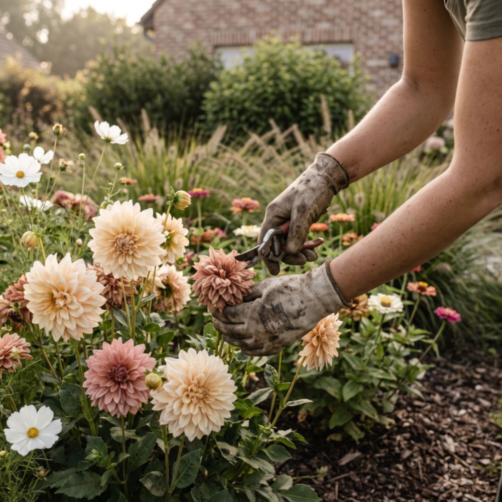 Bloeiende augustusborder met dahlia's en cosmos, iemand knipt met handschoenen een uitgebloeide bloem weg