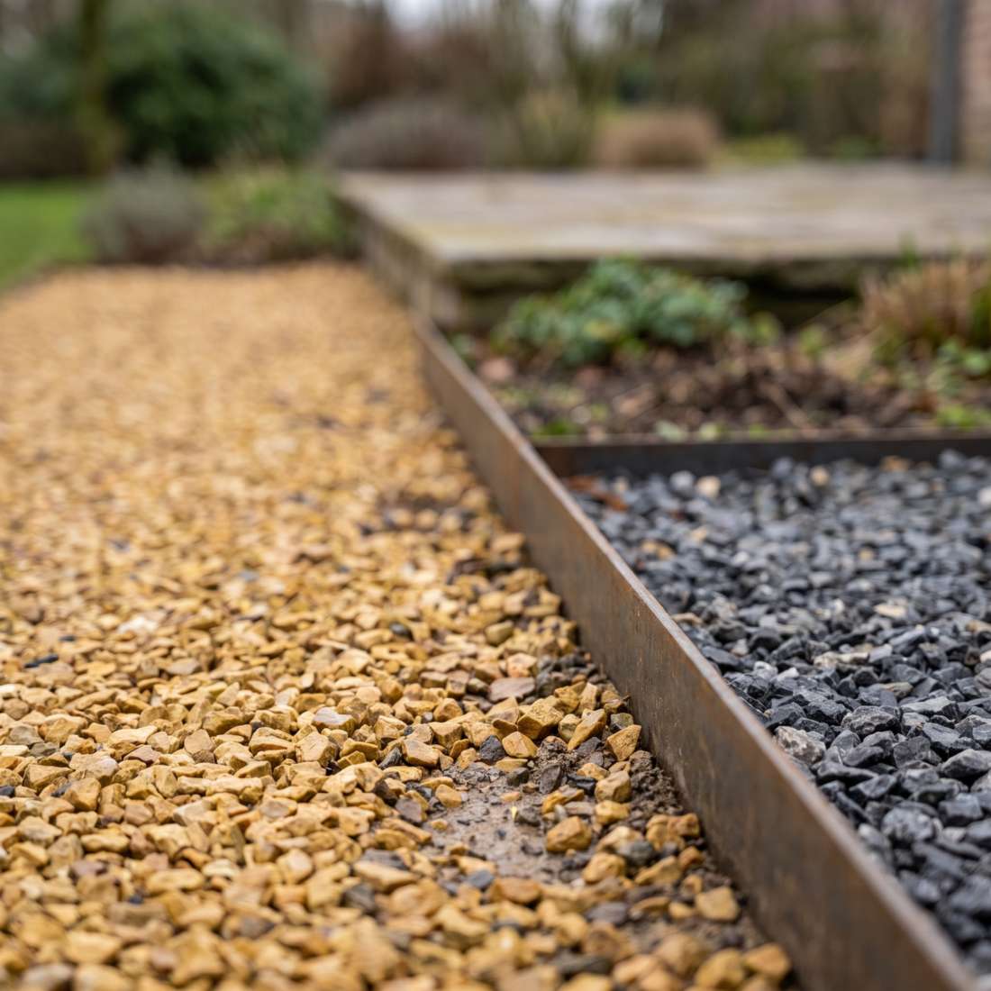 Rand van een tuinpad waar gele Ardenner split overgaat in grijze split, gescheiden door een dunne kantopsluiting