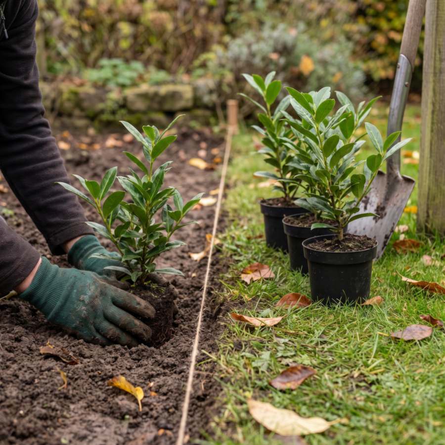 Jonge haagplanten in pot worden in het najaar in een plantsleuf langs het gazon gezet