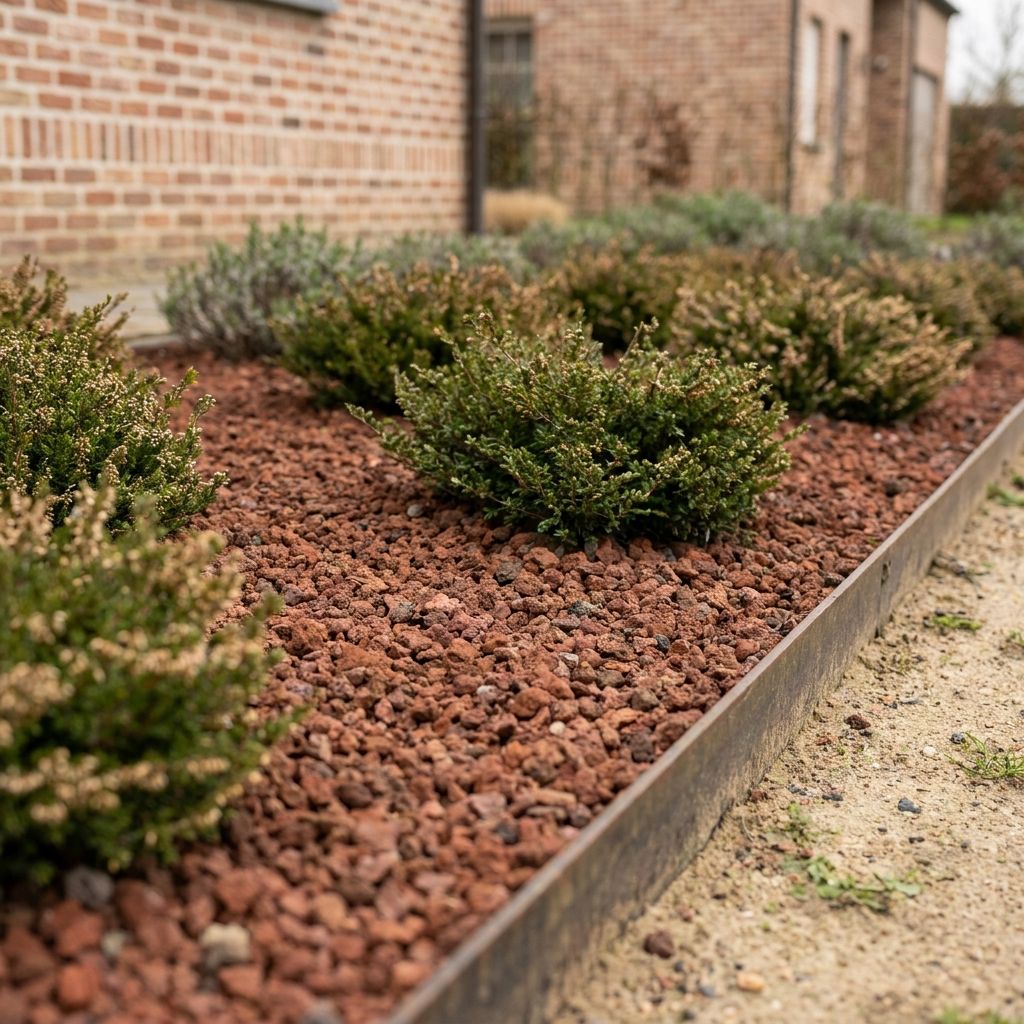 Rood-bruine lavasteen netjes tussen planten in een border, afgezet met een randstrip zodat de korrels op hun plek blijven