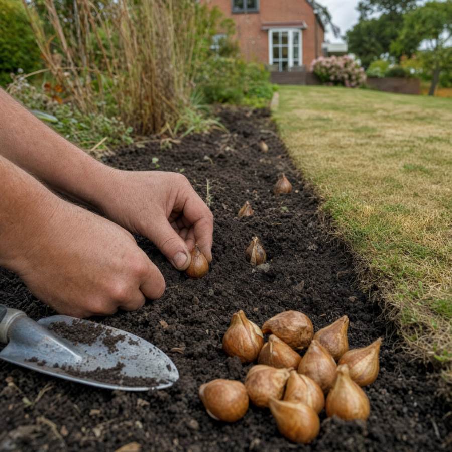 Tulpenbollen planten in een border in september, met op de achtergrond een gazon dat herstelt na de zomer
