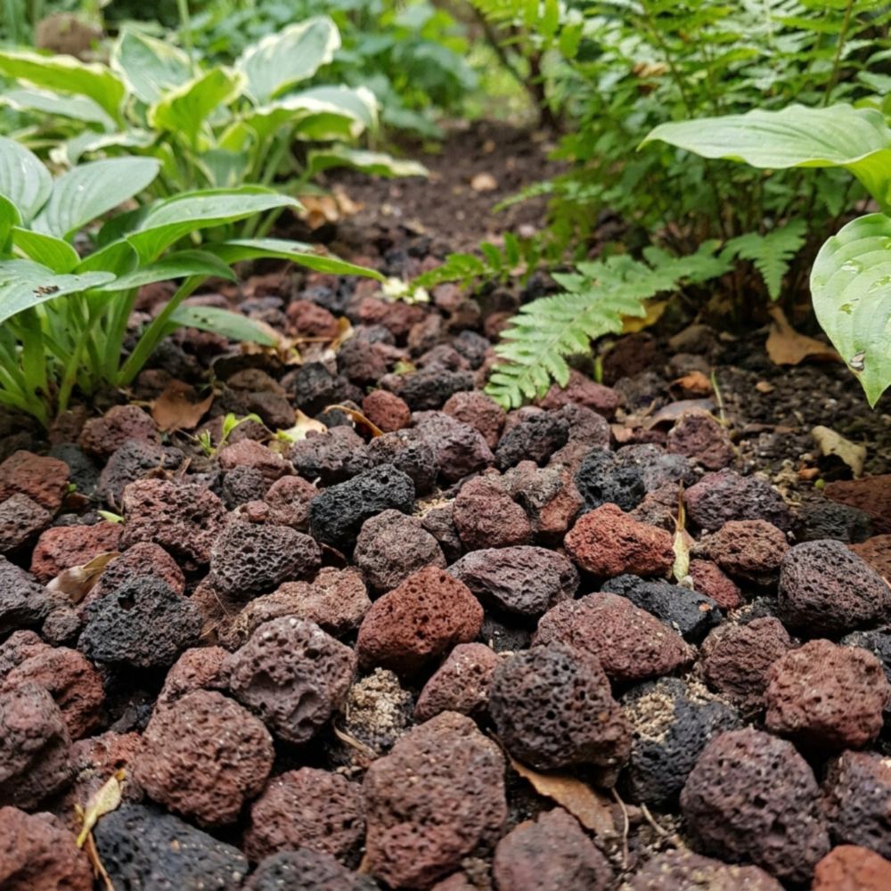 Lavasteentjes als bodembedekker rond planten in een border